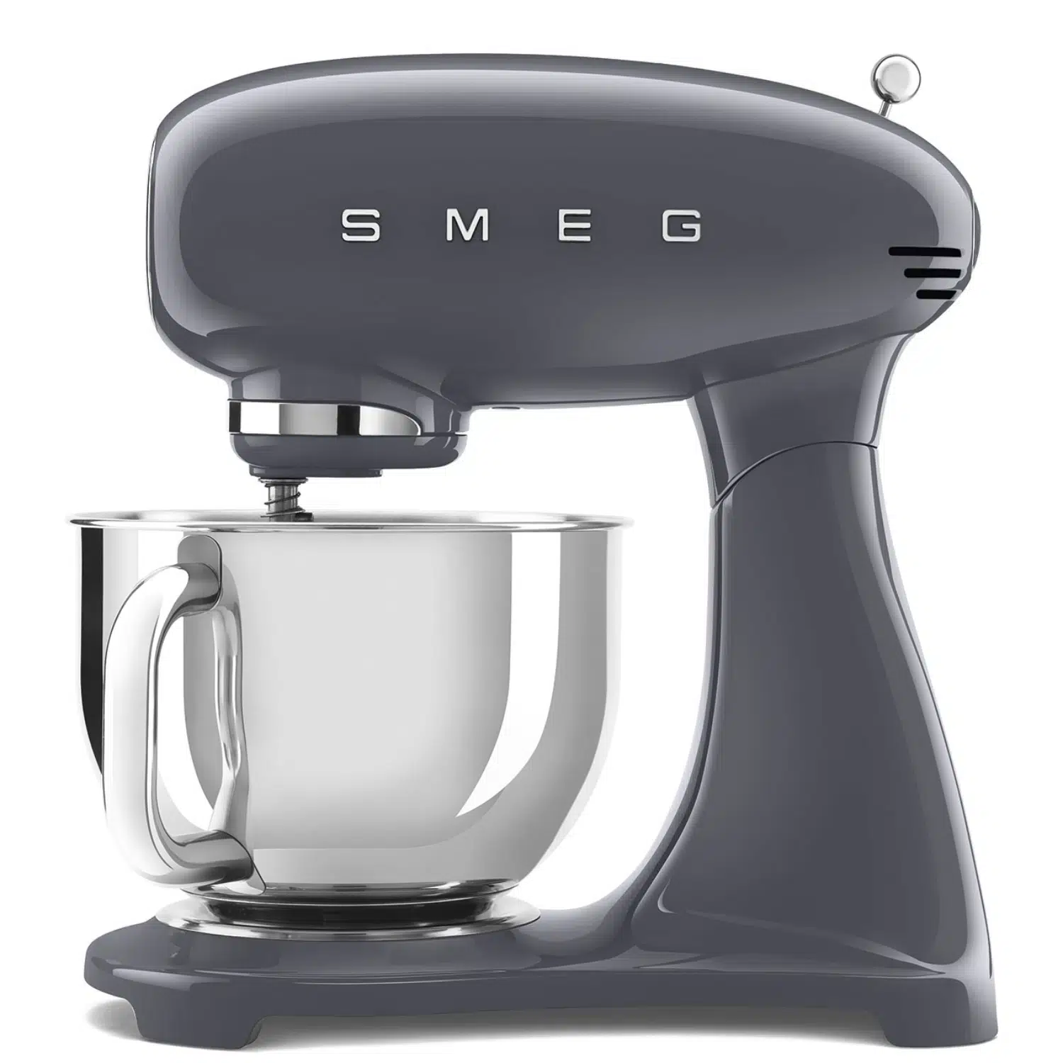 Smeg stand mixer SMF03GREU front view with 4.8L stainless steel bowl