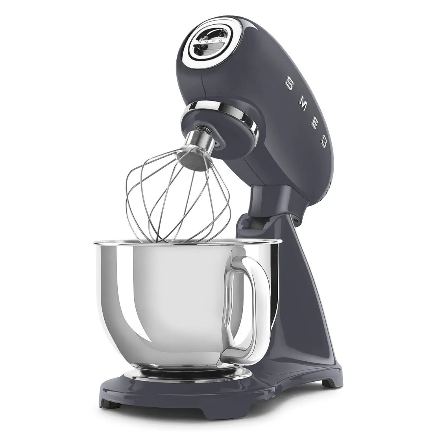 Smeg stand mixer SMF03GREU front view on kitchen counter ready for baking