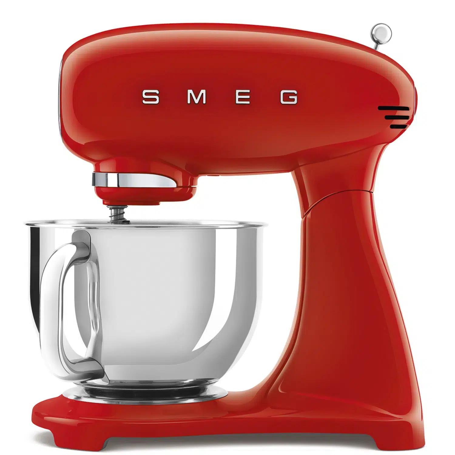 Smeg stand mixer SMF03RDEU front view with 800W motor and stainless steel bowl