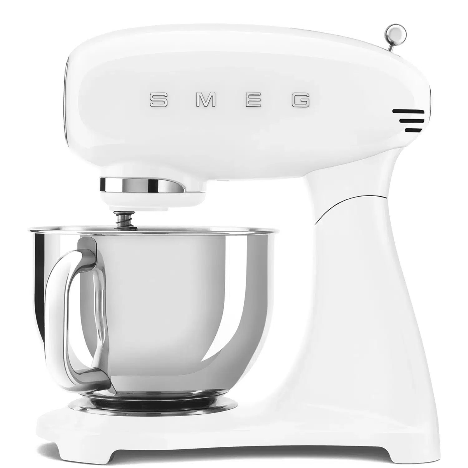 SMEG stand mixer SMF03WHEU front view white model with 800W power