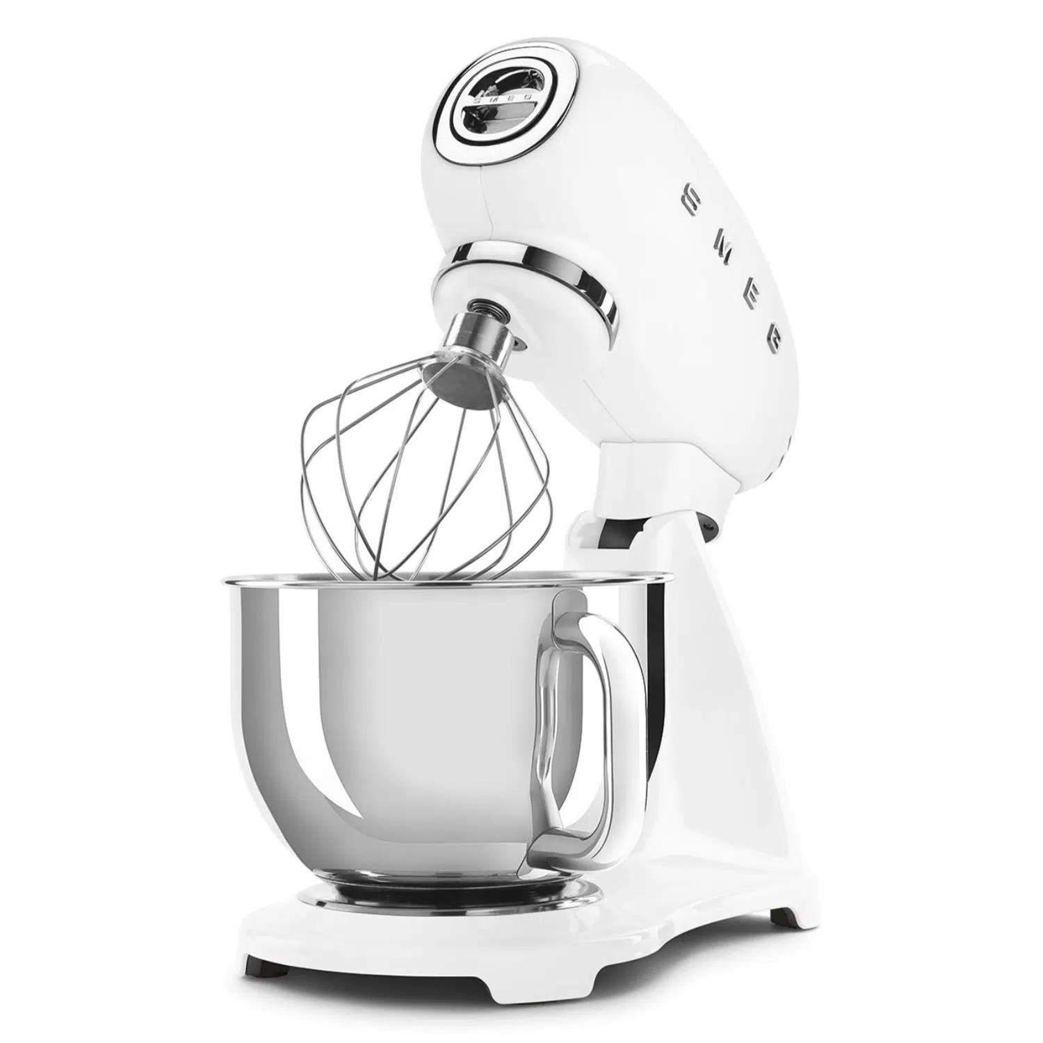SMEG stand mixer SMF03WHEU front angle view with stainless steel mixing bowl