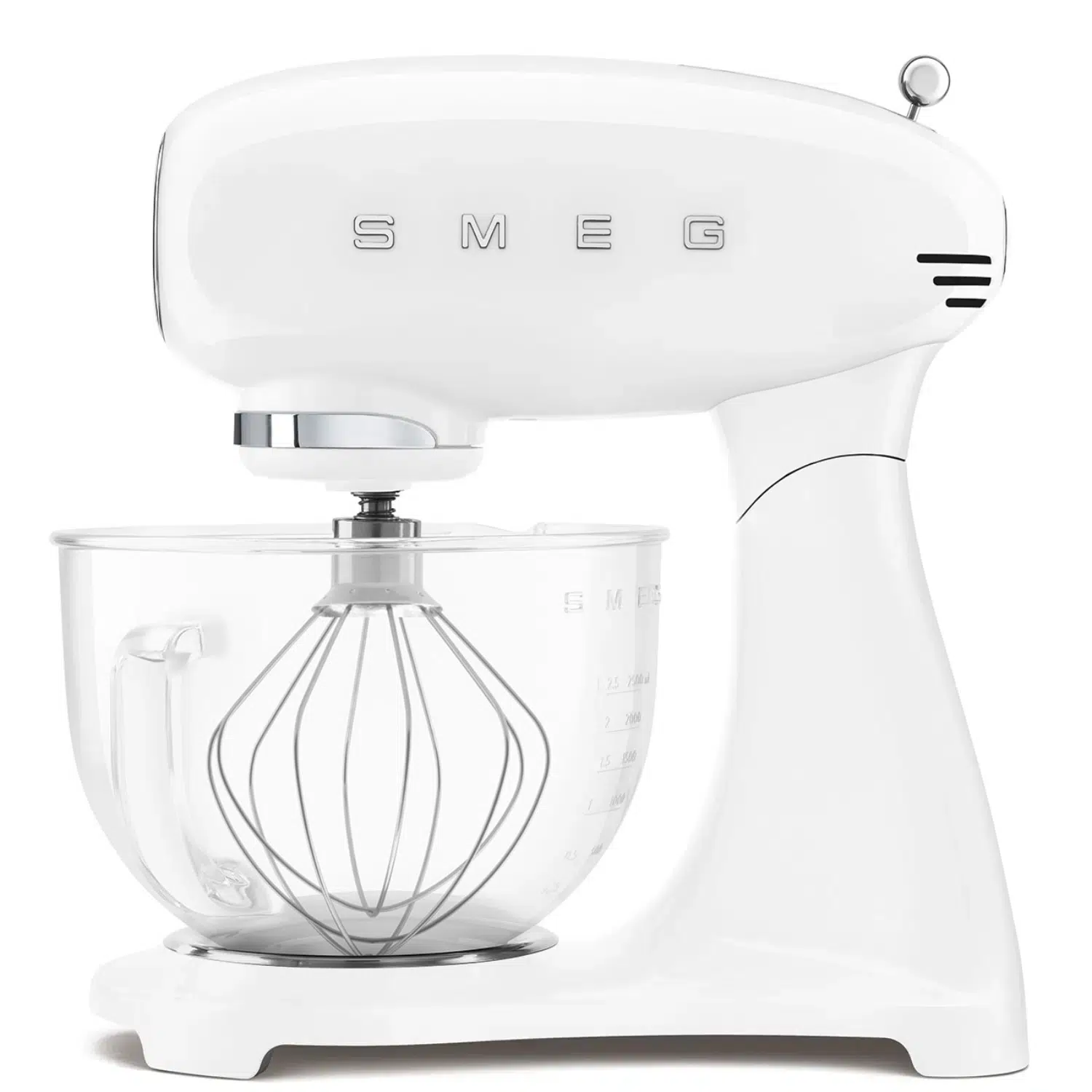 Smeg stand mixer SMF13WHEU front view with 800W power and white body