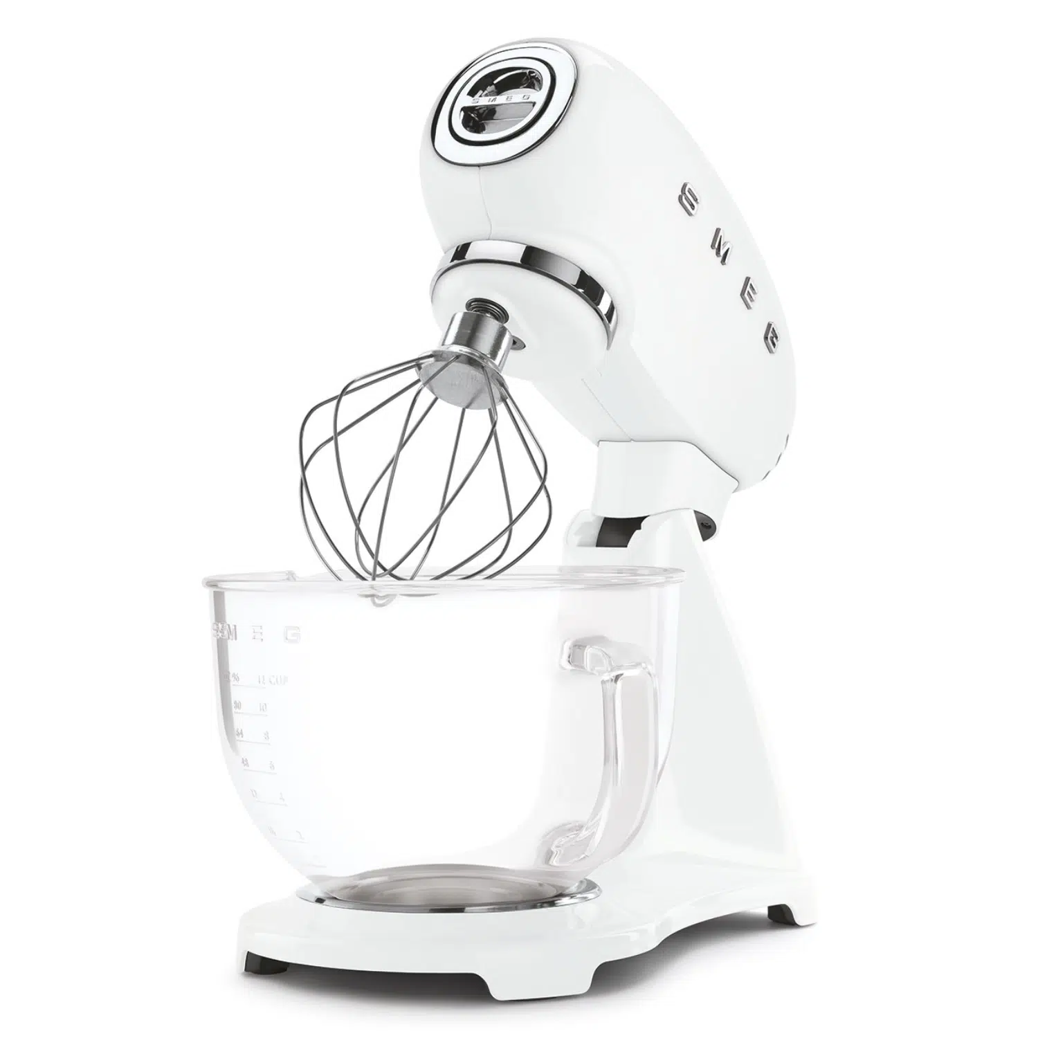 Smeg stand mixer SMF13WHEU front view with attachments and accessories