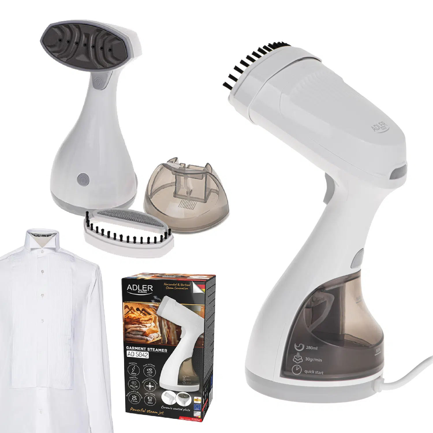 Adler steam iron AD-5042 front view with ergonomic handle and smooth soleplate