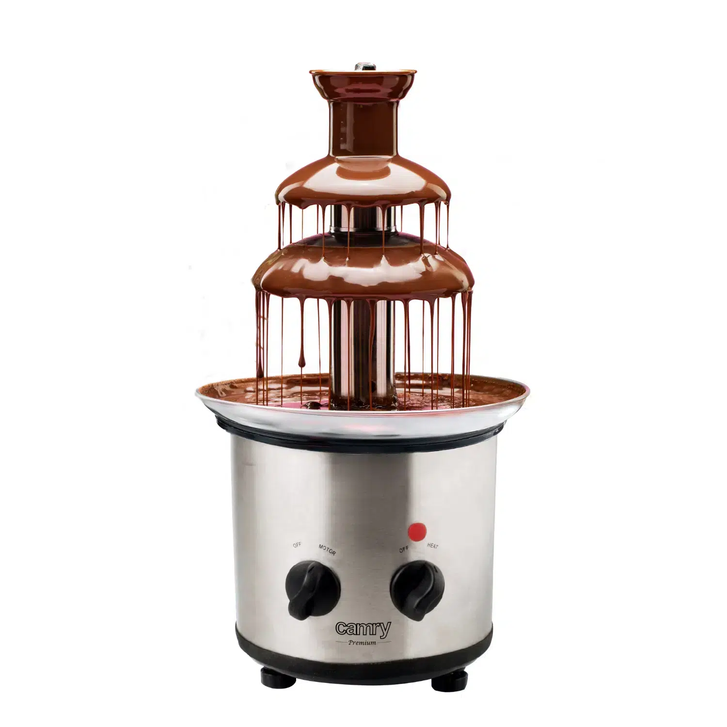 Camry chocolate fountain CR4488 front view with chocolate flowing smoothly